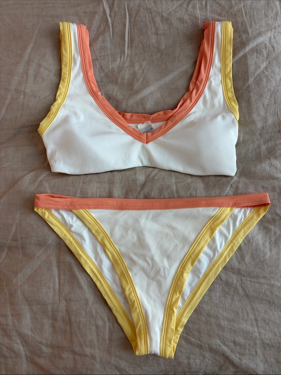 l*space Other - l*space White Ribbed Bikini with Coral and Yellow Trim